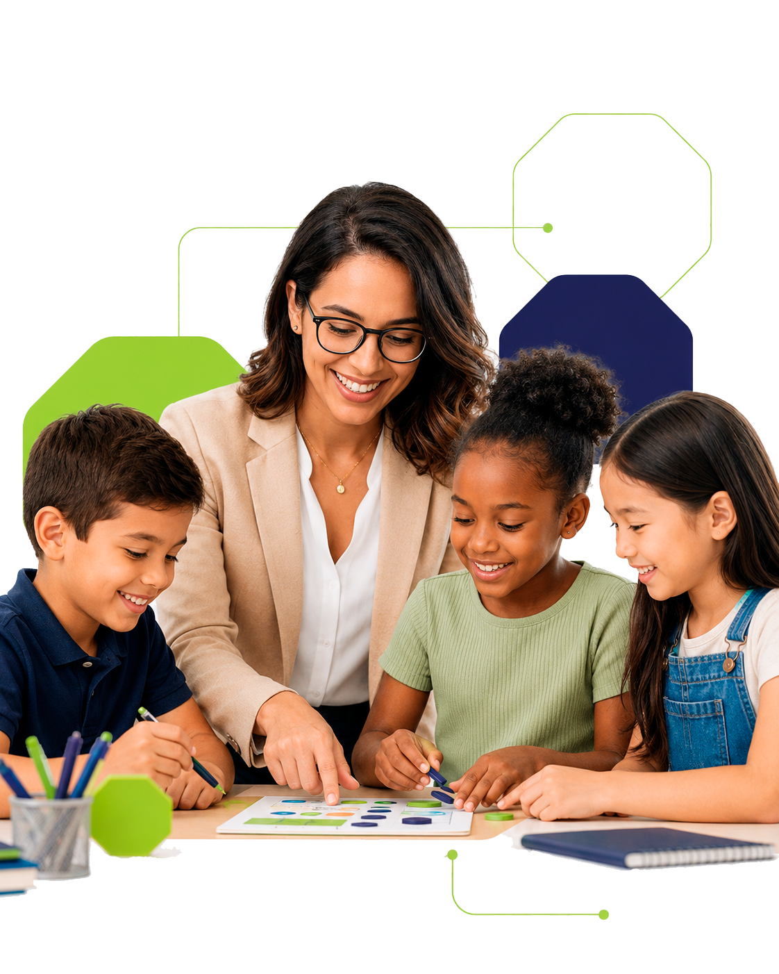 Educadora e crianças em atividade de aprendizagem colaborativa