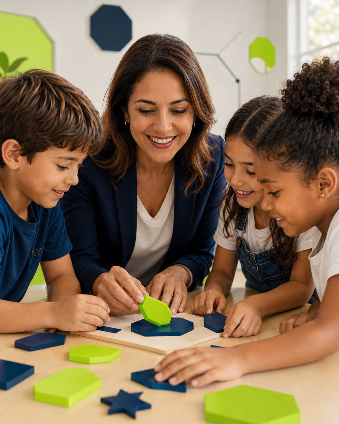 Educadora e crianças em oficina estruturada com peças geométricas